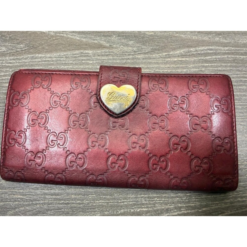 Gucci Lovely Heart GG Guccissima Logo Burgundy Leather Long Wallet 203550
